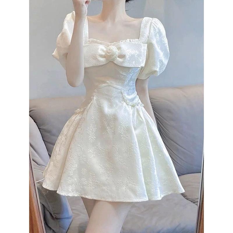 Nữ  Dress Váy Trắng, Miss Qianjin, Phong Cách Pháp, Tay Phồng Mỏng, Vải Jacquard, Cổ Vuông, Có Nơ, Váy Bong Bóng Công Chúa Women Lệch Vai 4