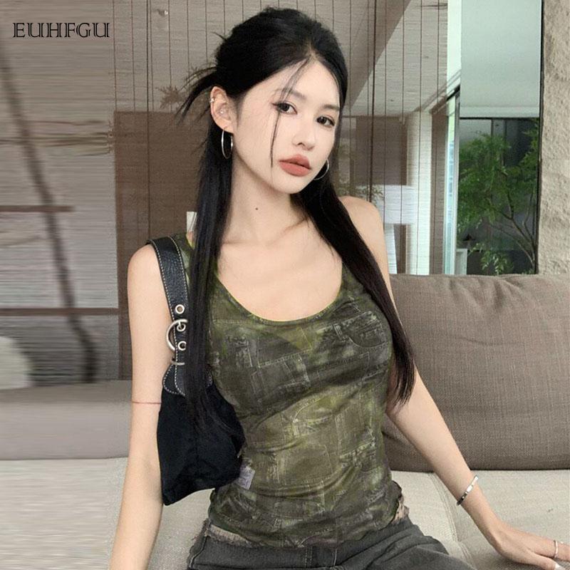 Product Introduction of Women's Summer Fashion Slim Cropped Top Sleeveless U-neck Backless Retro Pattern Printed Vest Simple Versatile Fabric Soft 28