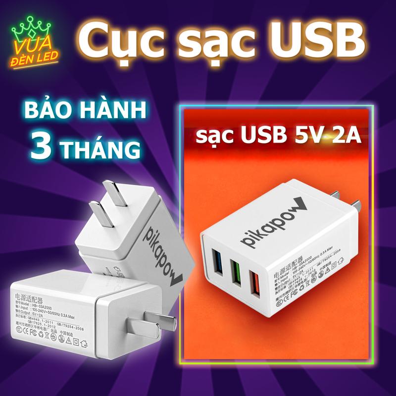 Cục sạc PIKAPOW USB 5V 2A sạc nhanh an toàn, củ sạc điện thoại VUA ĐÈN LED 3 đầu USB tiện dụng