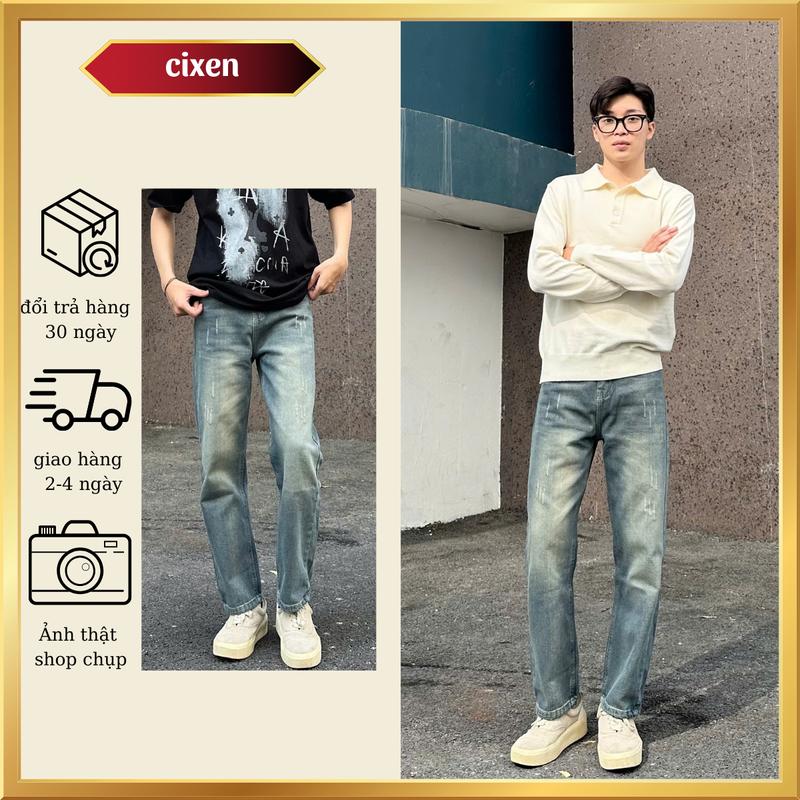  Quần jean Wash xanh xước  ver 1 Hack dáng form suông quần bò dài nam wash menwear 