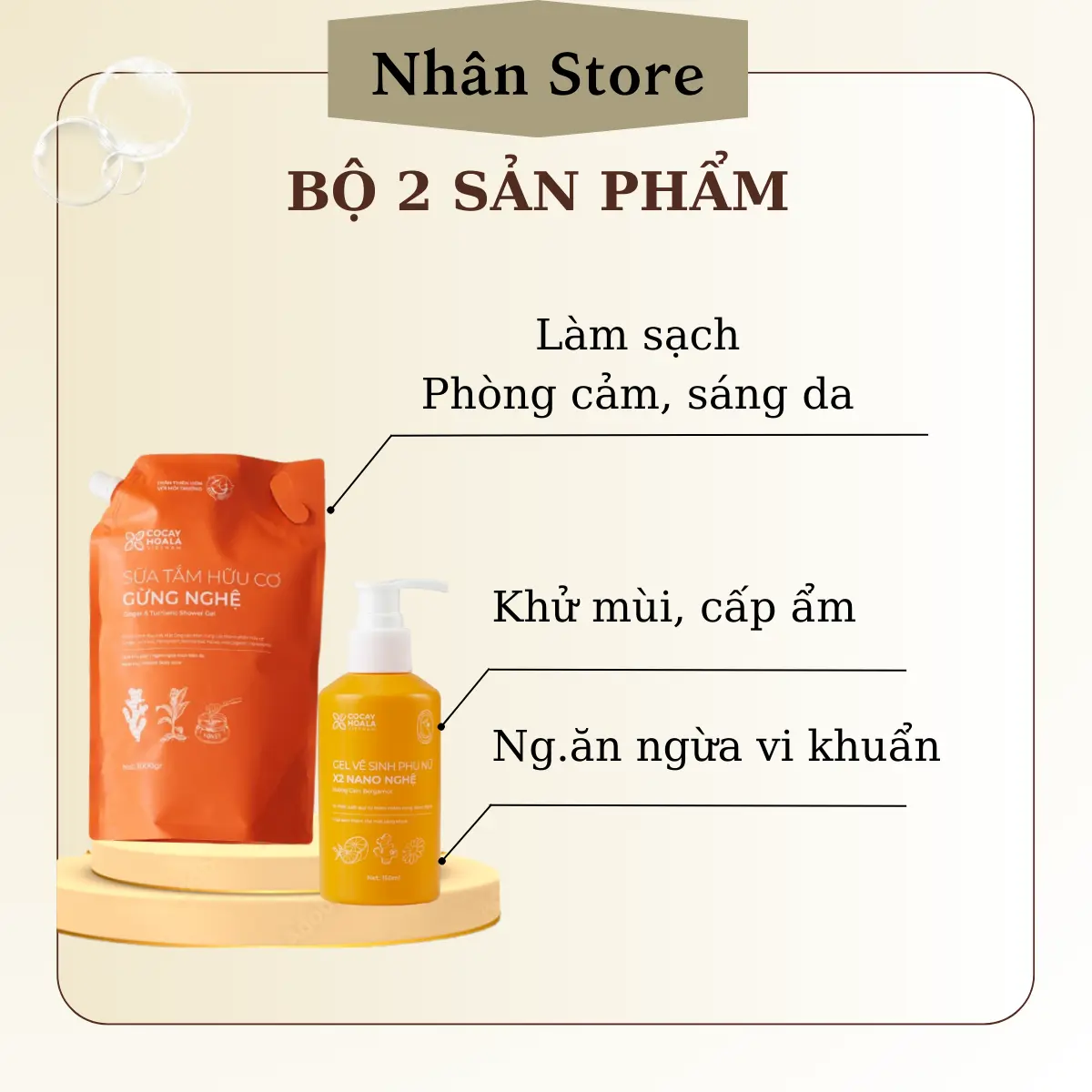 Combo Sữa Tắm Thảo Dược Hữu Cơ Gừng Nghệ Hết Mụn Lưng 1000ml + Gel Vệ Sinh Phụ Nữ x2Nano Nghệ Đào Hữu Cơ Cocayhoala 150ml Dưỡng Body