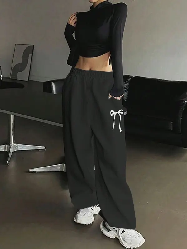 Women's Bow Print Pocket Elastic Waist Sweatpants, Casual Comfy Trousers for Fall & Winter, Women's Bottoms for Daily Wear 7