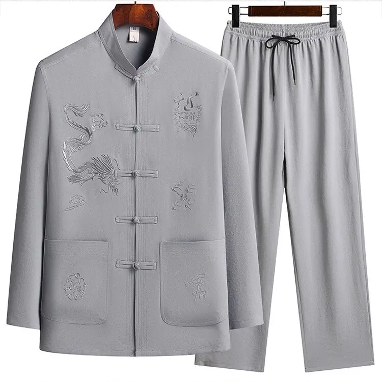Bộ cổ tàu nam trung niên dài tay thêu hình rồng tặng bố tặng ông cực đẹp Mùa hè Áo Menswear