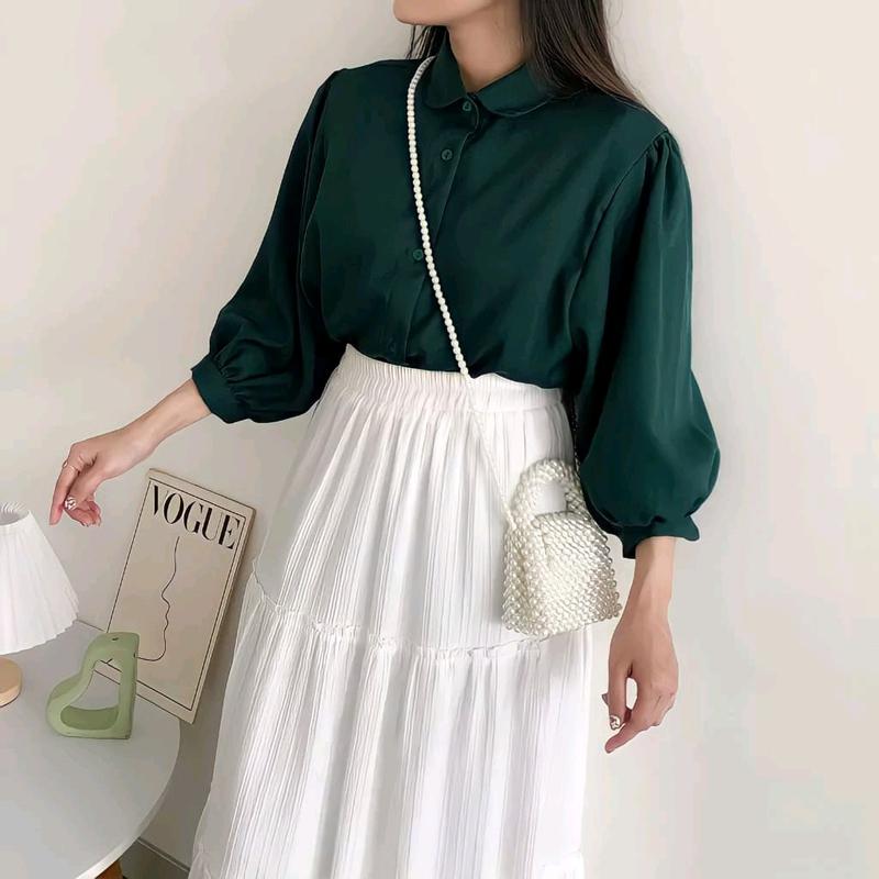 Blouse Kemeja Elze Atasan Wanita Shakila Twill Polos Lengan Balon Full Kancing Baju Panjang Oversize 5