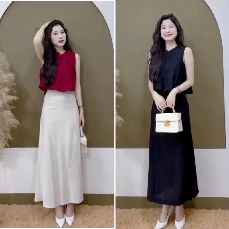 L940- Sét váy nữ, sét váy xếp ly, áo form xòe sát nách nút bọc xếp ly, chân váy trơn dáng dài (40-62kg) Women Voi 1