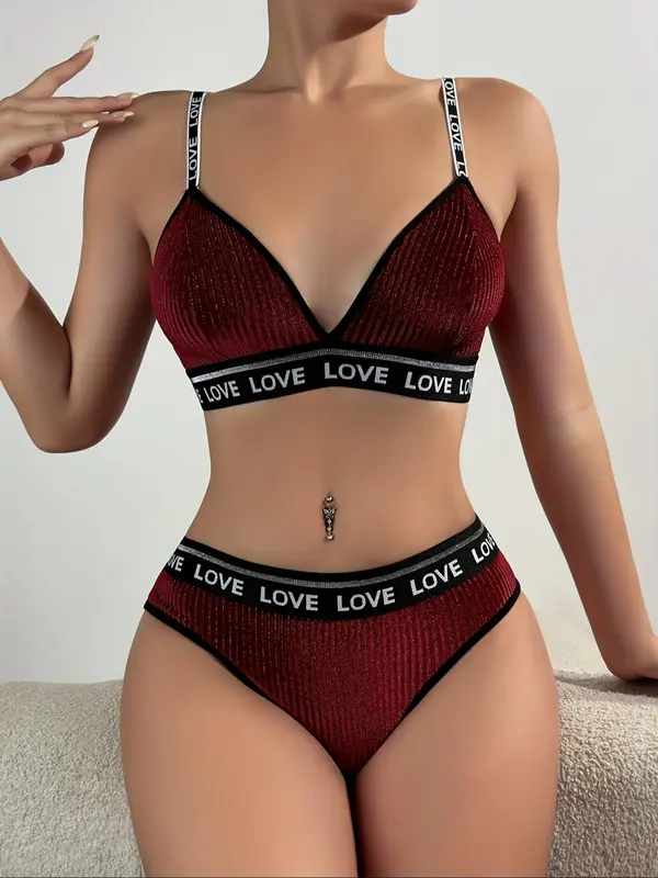 Two-Piece Set Women's Velvet Letter Tape Bra & Contrast Binding Panty Two-piece Set, Adjustable Strap Wireless Bra & Panty, Lingerie Set for Women 2