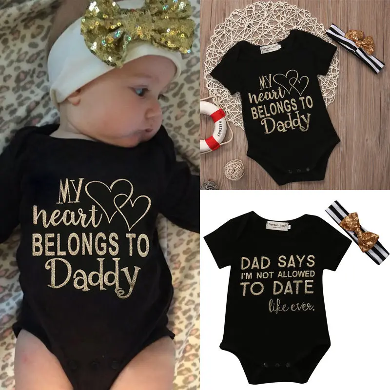 Baby Girls Summer Clothes Set Short Sleeve Letter Print Round Collar Romper + Bowknot Stripe Headband Infant 2Pcs Outfits