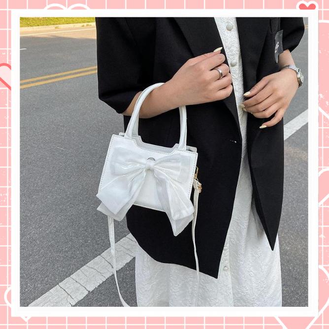 Túi xách nữ đeo chéo da trơn phối nơ lụa xinh xắn L55 Bag Nhung Kem 0