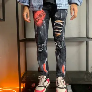 Celana Jeans/ Custom Bikers Sobek Victorious/Celana Slimfit Snow Black Ripped Denim Stretch Skinny