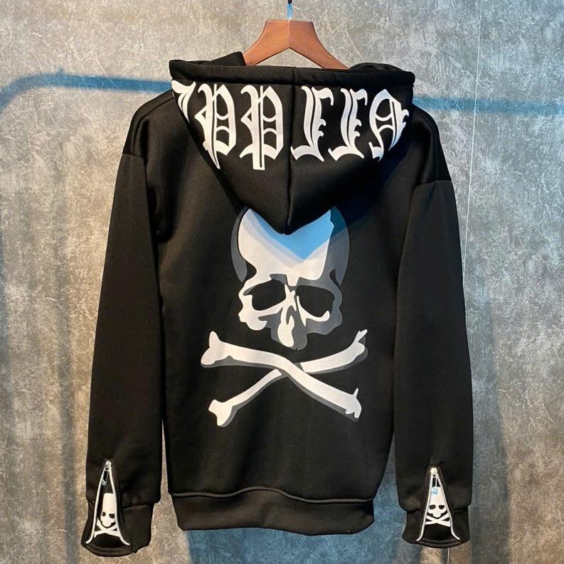 Áo khoác hoodie đầu lâu in 2 mặt + tay khoá+ mũ 2 lớp, chất liệu nỉ tàu, phong cách boy phố - Nam - Jacket, Menswear