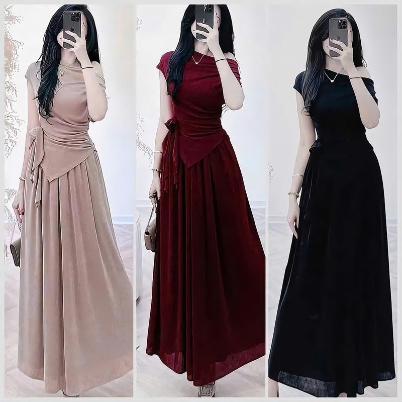  Set Chân Váy Dáng Dài Mix Áo Lệch Vai Vạt Xéo Đính Hoa Hông Chất Thun Gân Tăm Đi Chơi Dự Tiệc_134AV Women Nữ Dress 