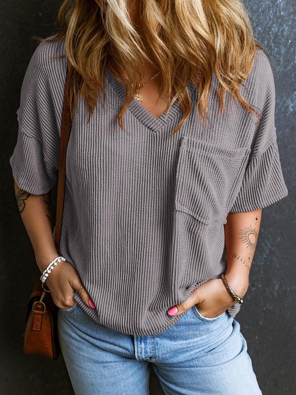 Women's Plain Textured Pocket V Neck Tee, Casual Minimalist Drop Shoulder Half Sleeve T-shirt for Summer, Ladies Clothes for Daily Wear, Cute Tops, Cute Tops, Tshirt, Womenswear 4
