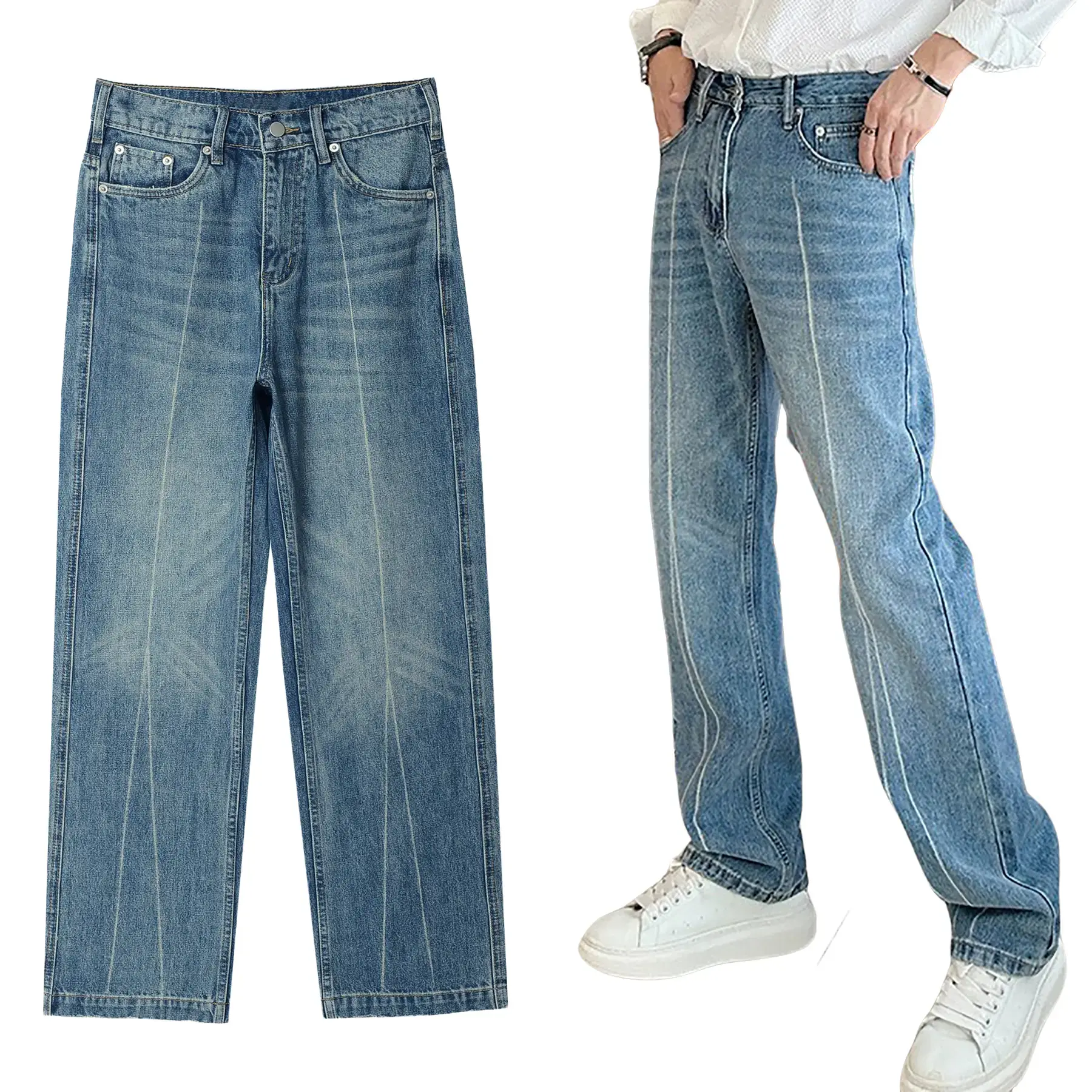 CAROLLA Quần Jean Nam, Quần Denim Form suông, Ống đứng, ống suông, Vạch cách điệu Menswear Pants Có Túi