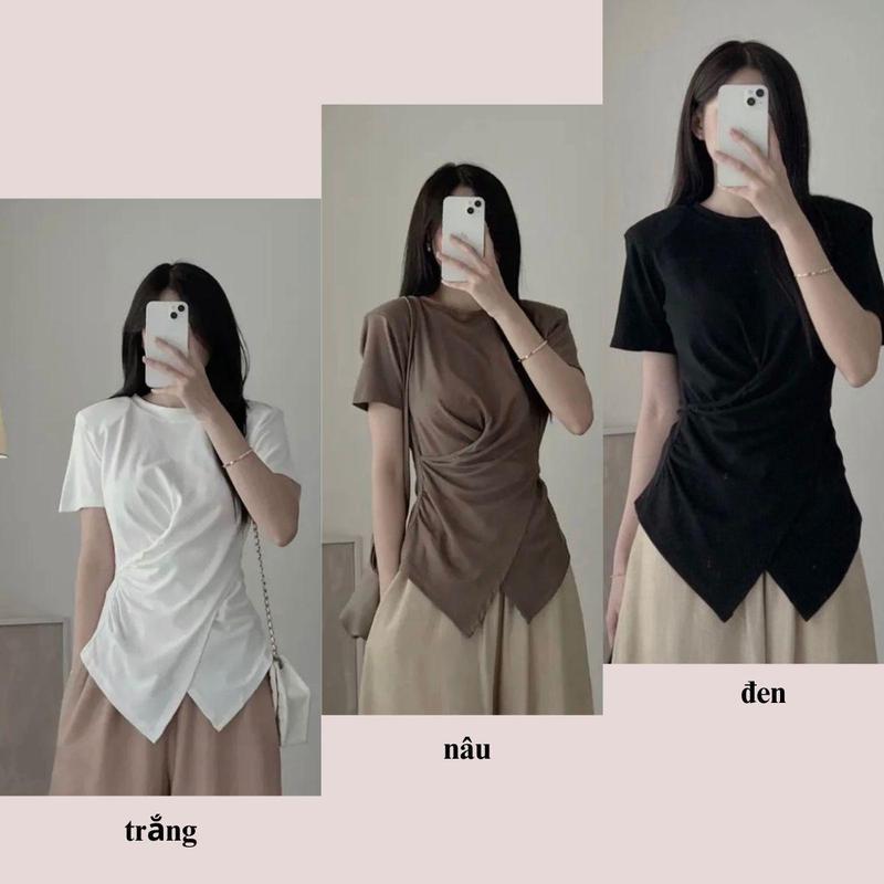 Áo thun xoắn nhúm eo cổ tròn vạt nhọn chéo ngắn tay hách dáng Top Nữ Women Ong Voi Màu Đen áonuxinh