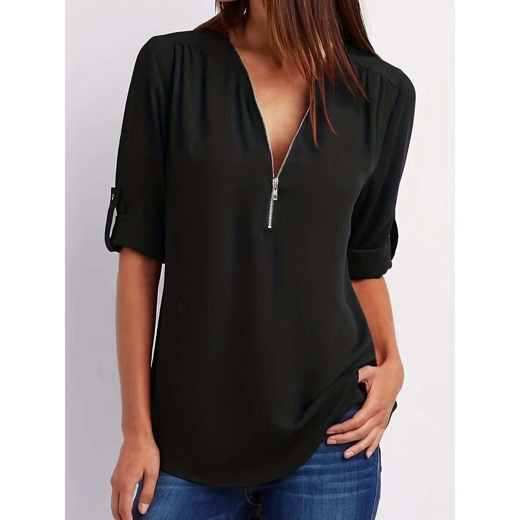 2025 Simple V-neck Shirt, Casual Pleated Half Zip Shirt with Roll-up Sleeves, Women's Clothing Top Womenswear