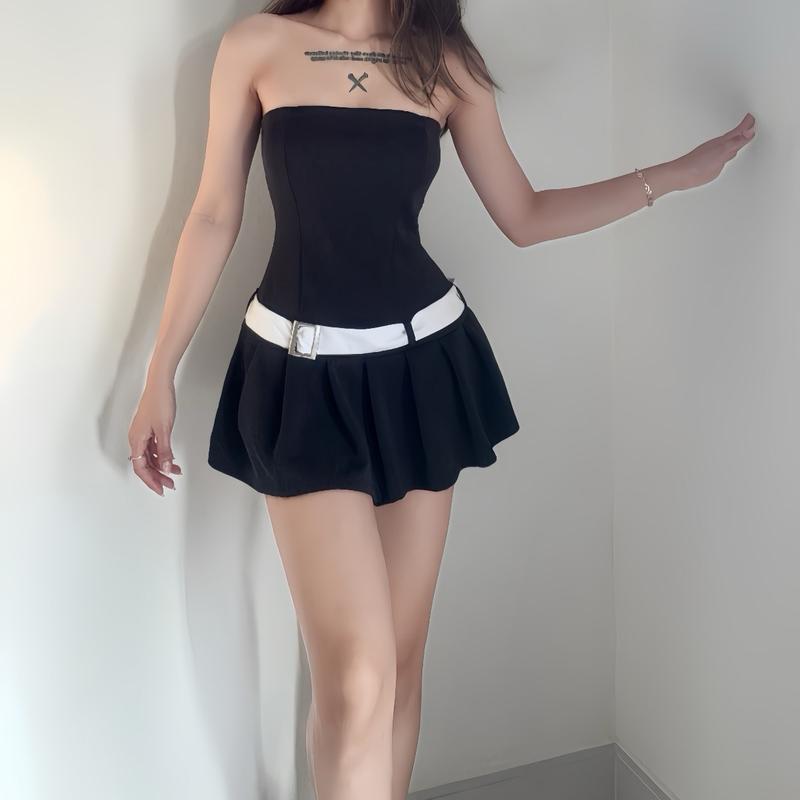 Đầm body nữ cup ôm Y2K phối nịt trắng cá tính Lolystore Dress Women Đen