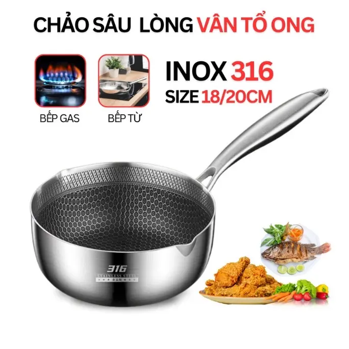 ￼Chảo Chống Dính Vân Đá Tổ Ong Chất Liệu INOX 316 Đường Kính 18cm Dùng Cho Mọi Loại Bếp