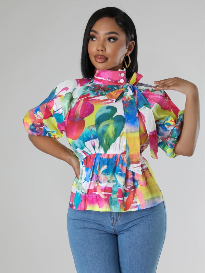 Product Introduction of Women's Floral Print Bow Design Blouse, Casual Top for Summer, Ladies Clothes for Daily Wear 4