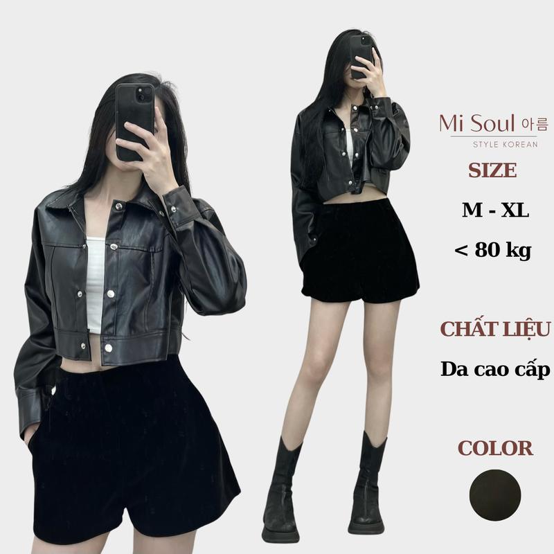 Áo Khoác Da Croptop From Rộng Nữ Dài Tay MiSoul, Áo Khoác Da Cúc Bấm 204 Jean Jacket Women Bò Đen