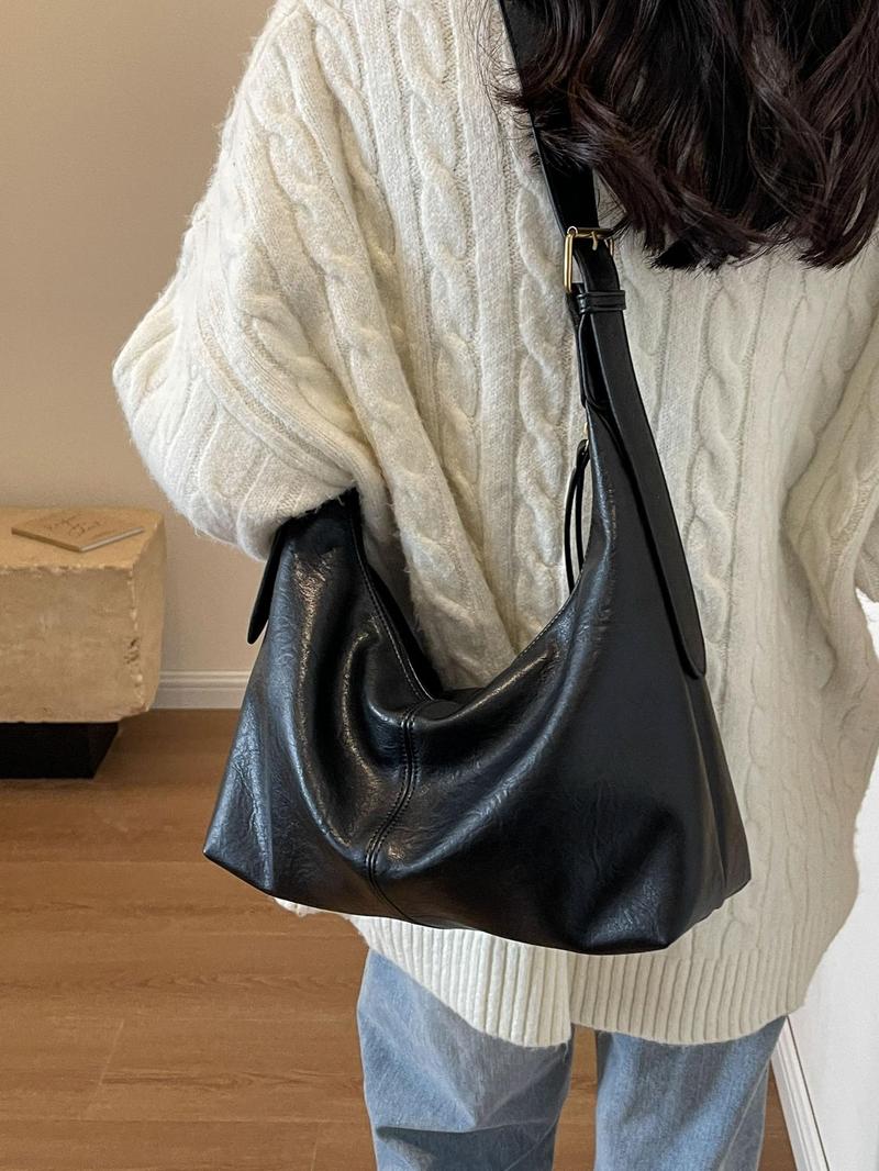 Product Introduction of Women's Plain Color Large Capacity Shoulder Bag, Retro Fashion Soft Pu Leather Bucket Bag, Casual All-match Crossbody Bag for Work & Daily Used 11