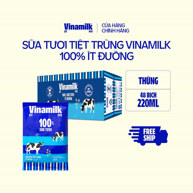[AFF] Thùng 48 bịch Sữa tươi tiệt trùng 100% Vinamilk ít đường 220ml