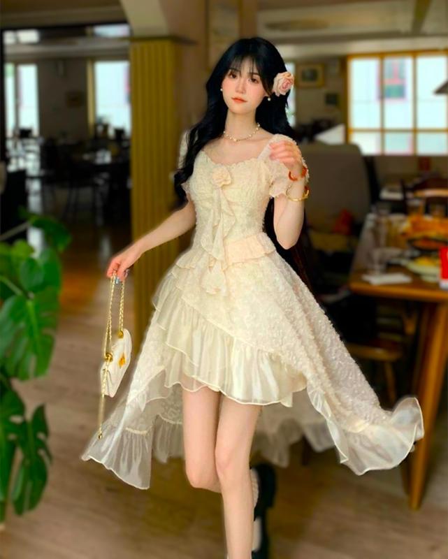 ĐẦM Nữ Women ĐUÔI CÁ DÁNG Women XOÈ Dress CỔ VUÔNG TAY PHỒNG BABY Voi Voan Ren đầm lông công