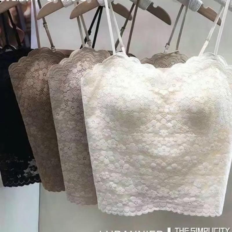 Áo Bra Hai Dây Ren Hoa, Chất Mềm Mịn Lót Su Lạnh, Dáng Dài Hàng Quảng Châu Loại 1 Top Nữ Women Nhung Voi Viền Ren Đen