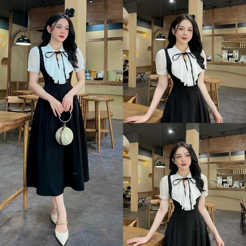 Váy Thiết Kế Evii E48 dành cho nữ  Đầm thiết kế phối tơ bèo buộc nơ dáng A xoè dài phù hợp đi làm  đi chơi và đi dự tiệc Có Bigsize Dress Women