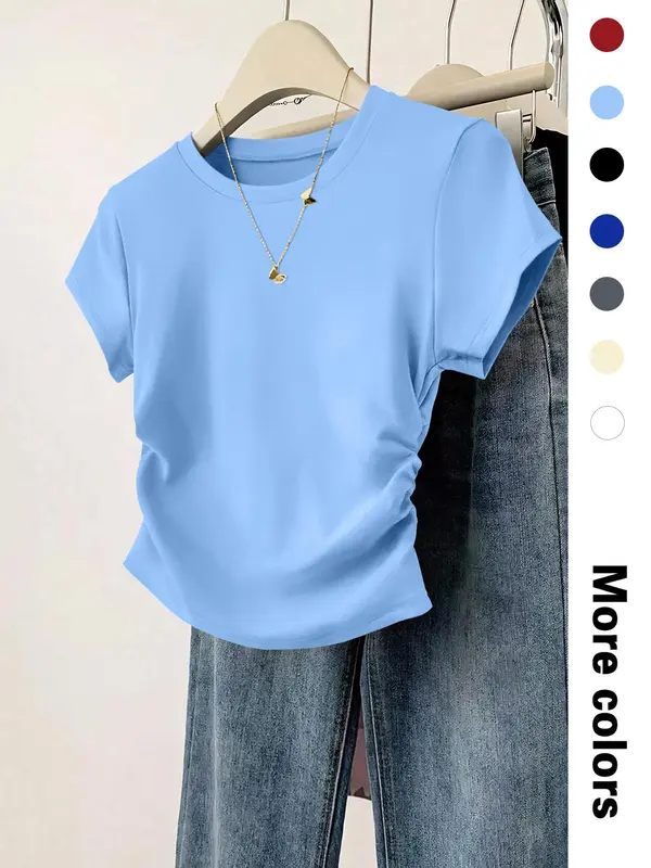 Women's Plain Curved Hem Ribbed Tee, Casual Short Sleeve Round Neck T-shirt for Daily Wear, Ladies Clothes for All Seasons, Top, Womenswear 7