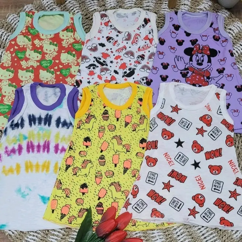 2 pcs Daster Anak Bayi Perempuan Baju Tidur Balita Cewek Kaos Kutung Usia 6 Bulan Sampai 3 Tahun Motif Kekinian Lucu Karakter Warna Warni Lengan Pendek Model Singlet Bahan Kaos Tebal Kain Melar Jahitan Full Obras Leher Kerah U Neck Panjang Dress Selutut 8