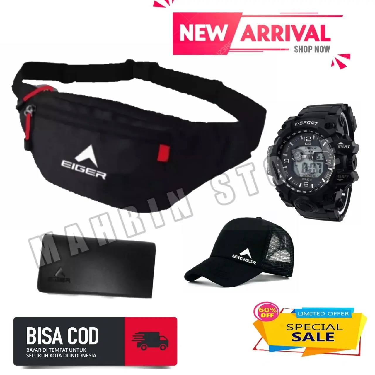FLASH SALE PAKET 4IN1 Tas Slempang Laki2 Model Terbaru Tas Pria Jam Tangan Dompet  Topi Jaring