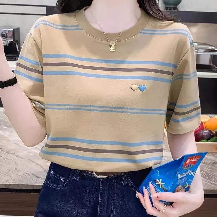 Áo Phông Ngắn Tay Hàng Mới Về Mùa Hè, Dành Cho Phụ Nữ, Cổ Tròn, Thời Trang, Sọc, Dáng Rộng Vừa Vặn, Đi Chơi, Áo Dễ Phối Đồ