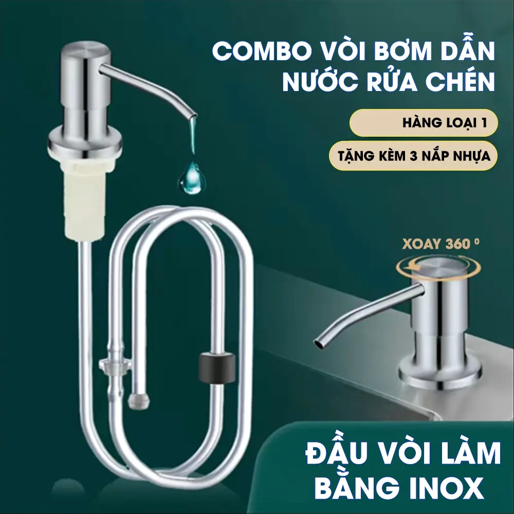Vòi bơm dẫn nước rửa chén, xà phòng chất liệu inox 304 lắp bồn rửa bát xoay 360 độ