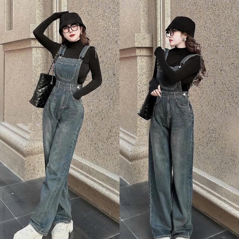 Set quần yếm jean dài ống suông có túi kèm áo thun gân tay dài sang chảnh phù hợp dành cho các nàng diện đi chơi Nữ Women Top