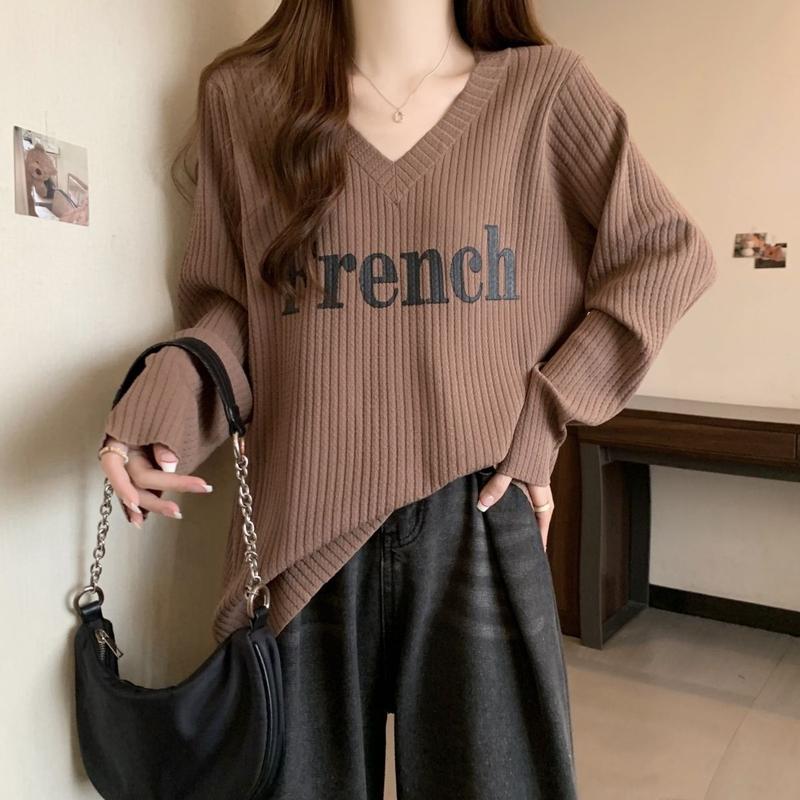 Product Introduction of Áo Thun Dài Tay Dáng Rộng Cổ Chữ V, Cỡ Lớn, Phong Cách Lười Biếng, Quần Áo Nữ, Phong Cách Mới Đầu Thu, Che Thịt, Dễ Phối Đồ, Áo Thường Ngày Dài Trung Bình Thời Trang 16