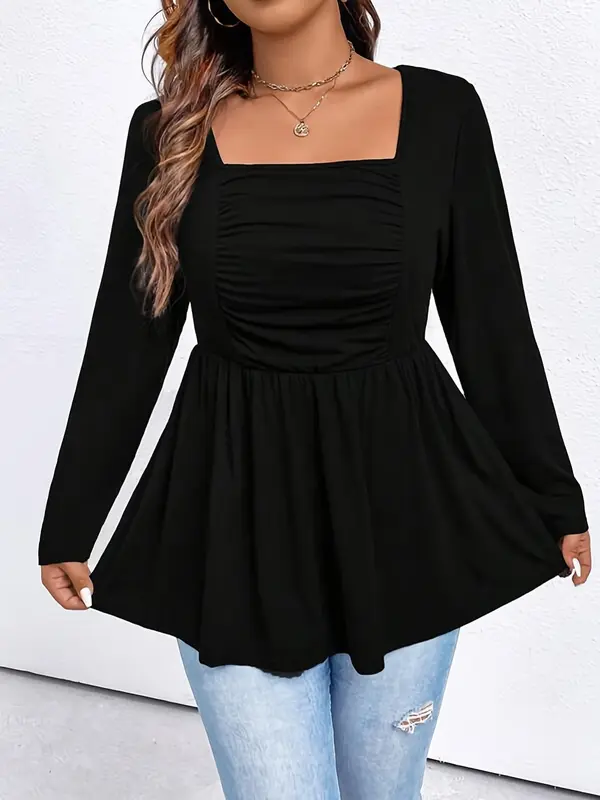 Plus Size Solid Ruched Peplum Tee for Summer, Summer Clothes, Casual Elegant Square Neck Long Sleeve T-shirt for Spring & Fall, Women's Plus Clothing for Daily Wear 2