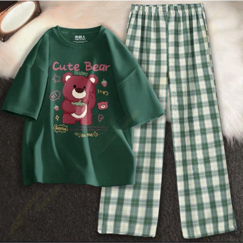 [MIỄN PHÍ SHIP]Sét Áo phông Gấu Cute bearKèm quần kẻ Karo nhiều màu, Áo thun from rộng, Chất đẹp không xù, quần suông ống rộng  DV-Erina cute 1