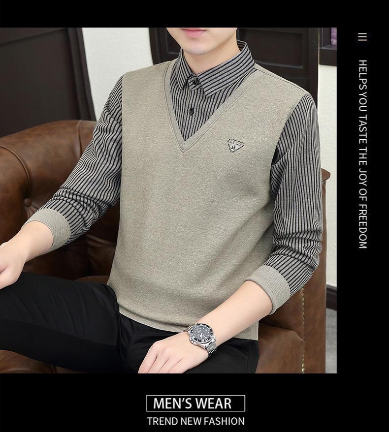 Product Introduction of 2024 Winter Fleece-lined Thickened Integral Velvet Sweater Men's False Two Pieces Knitted Sweater Youth Pu Handsome Men's Shirt Nam Slipper 9