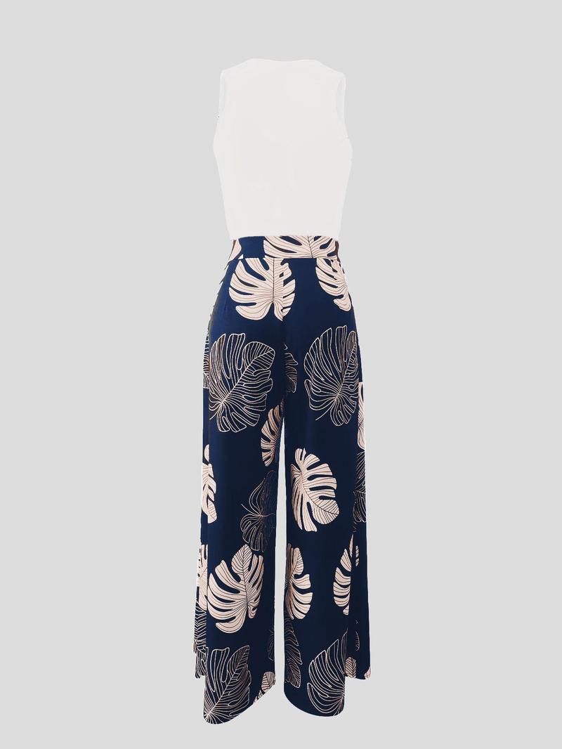 Product Introduction of Women's Solid Crop Top & Leaf Print Wide Leg Pants Two-Piece Set, Elegant Fashion Casual Top & High Waist Trousers for Daily Outdoor Wear, Ladies Outfits for Summer 8
