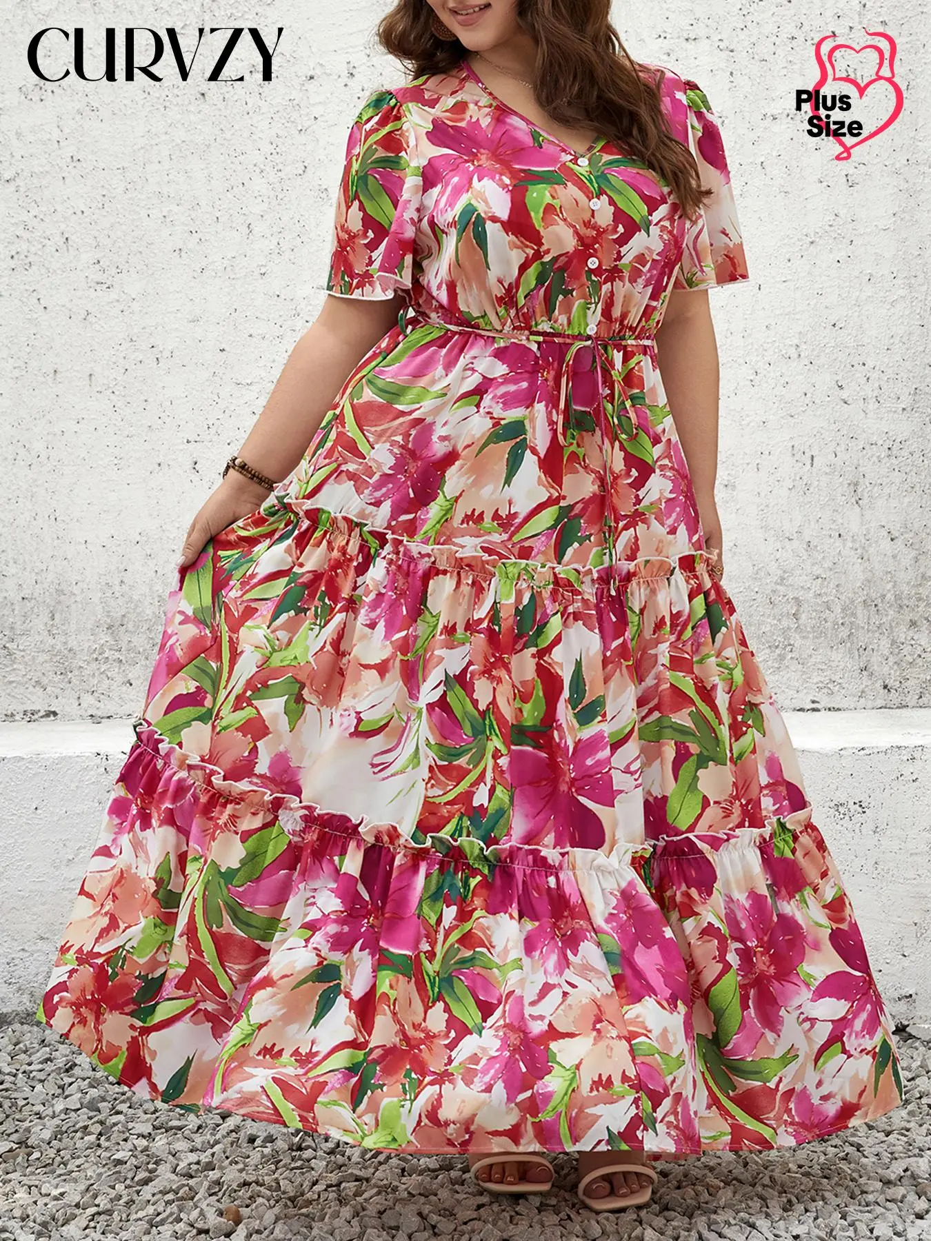 CURVZY Plus Size All Over Plants Print Tie Front Button A Line Dress, Casual V Neck Short Sleeve Dress for Summer, Women's Clothes for Daily Wear