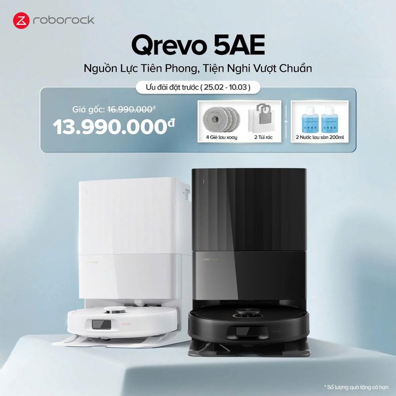 [Bộ Quà Tặng kèm Roborock Qrevo 5AE: 02 chai nước lau sàn 200ml + 04 Miếng giẻ lau + 02 túi rác] Roborock Qrevo 5AE | QRevo S - Robot/ Máy hút hụi lau nhà giá rẻ - bảo hành 24 tháng