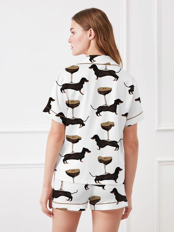 Women's All Over Dog Print Pyjama Two-piece Set, Casual Comfy Short Sleeve Shirt & Shorts PJ Set, Ladies Summer Sleepwear, Loungewear 1