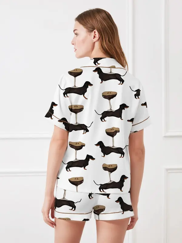 Women's All Over Dog Print Pyjama Two-piece Set, Casual Comfy Short Sleeve Shirt & Shorts PJ Set, Ladies Summer Sleepwear, Loungewear 1