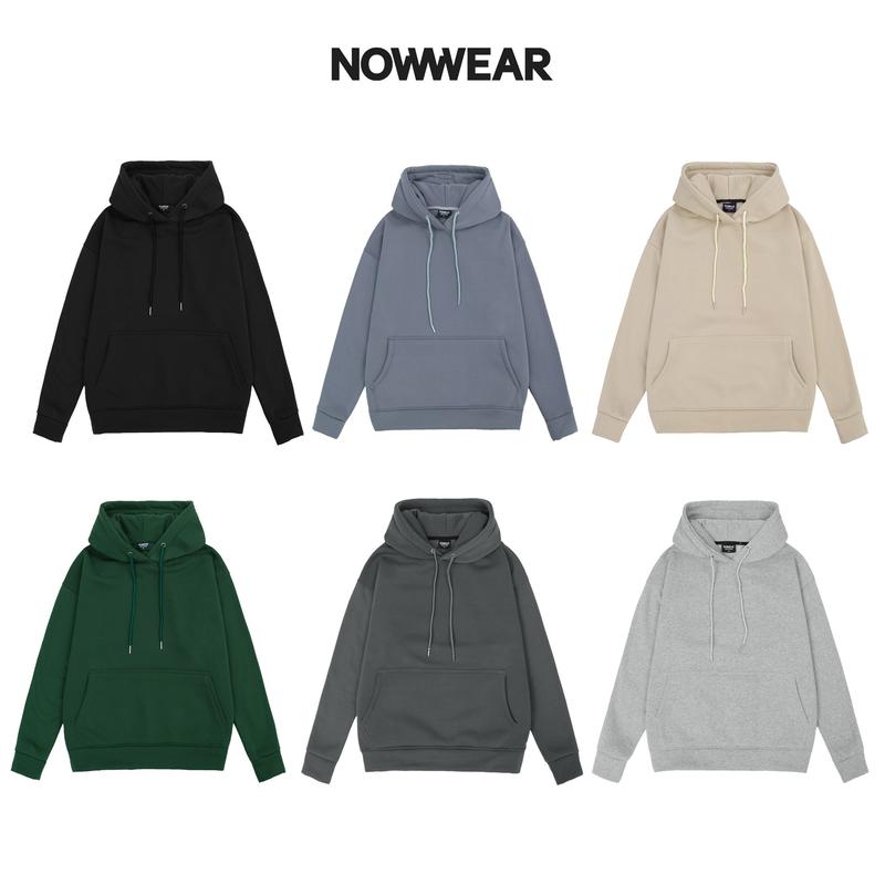 Áo Hoodie trơn chui đầu tag cao su Nowwear chất Nỉ Bông Unisex form rộng oversize mũ 2 lớp Menswear Nam Dài Tay Đen Kem