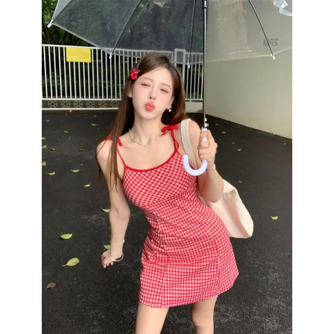 Fresh Preppy Sweet Hot Girl Color-Contrast Check Suspender Skirt Women's Early Spring Younger Slim-Fit A- line Skirt Dress Short Skirt