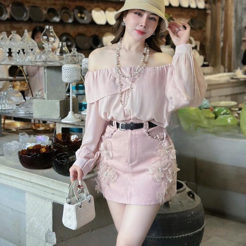 Chân váy jean hoa đá nổi kèm dây đai qCcC