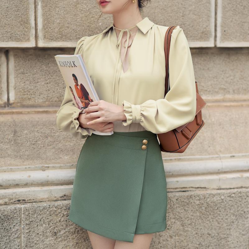  Chân váy mini cotton hàn đắp tà giả quần Nữ Women Kem 