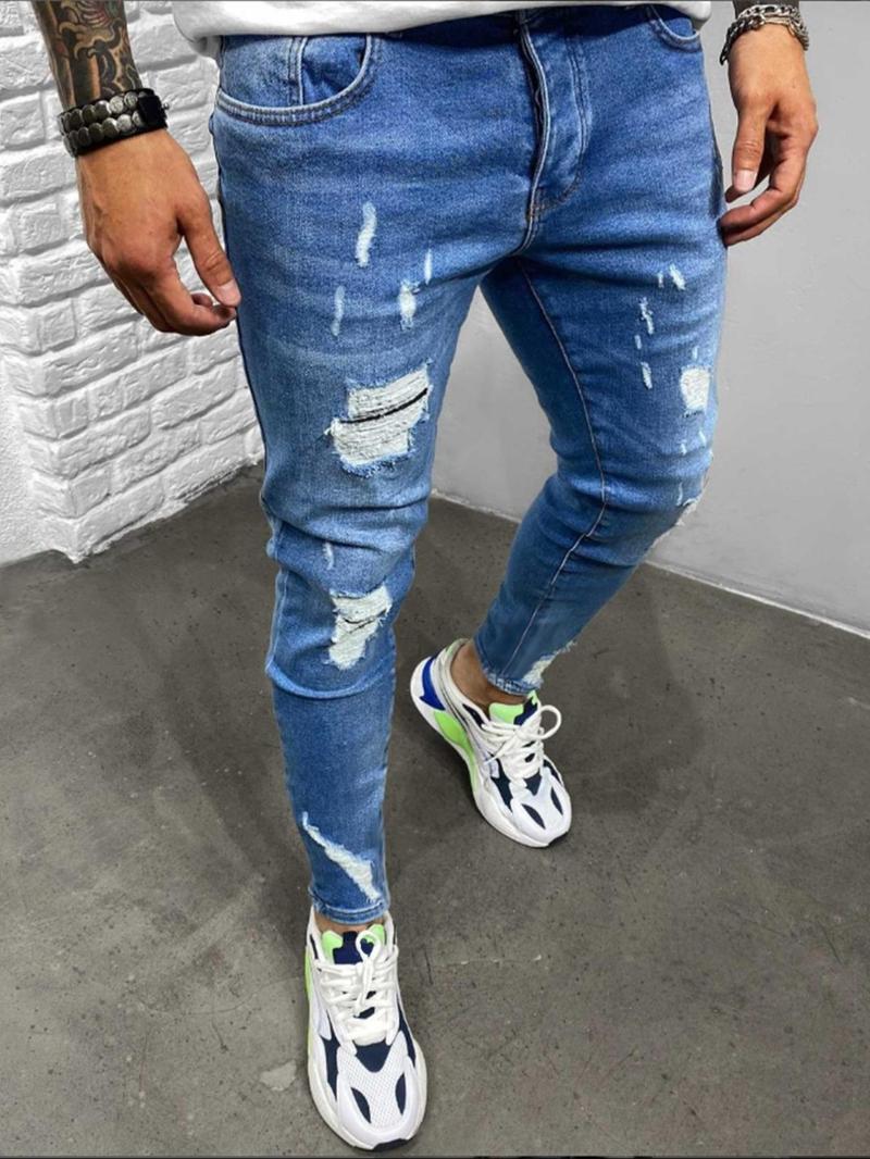 Product Introduction of Men's Slim Blue Denim Jeans, Casual Comfy Ripped Jeans for Daily Wear, Fashion Men's Bottoms for All Seasons, Cotton, Menswear 3