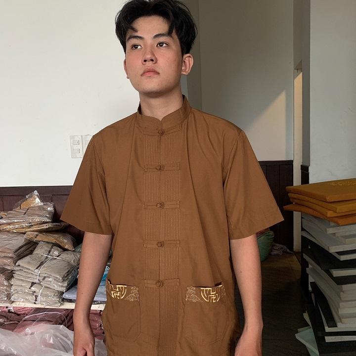 Quần Áo Phật Tử, Đồ Lam đi chùa nam mẫu kate thêu túi tay ngắn mã N05N