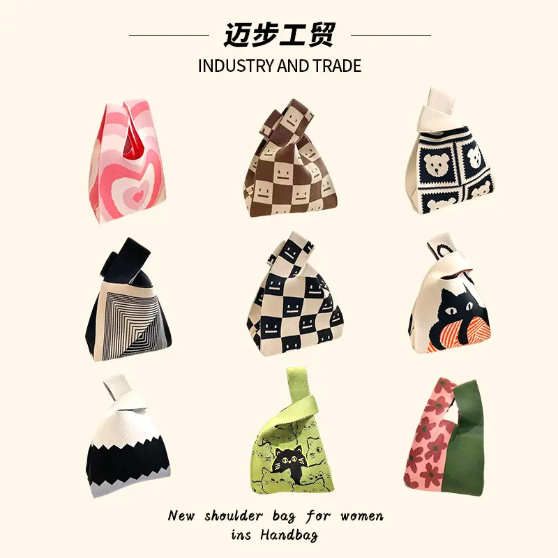 New Ins Style Trendy Handbag for Women Knitted Yarn Bucket Bag Handheld Casual Tote Bag Lunch Bag Versatile
